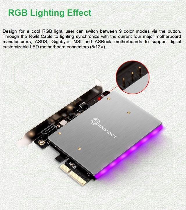 Alt view image 5 of 7 - Weastlinks PCIE TO NVME MKEY card With 5V RGB LED PCIE to M2 NVME SSD Adapter PCI Express x4 Card B Key and M Key Port