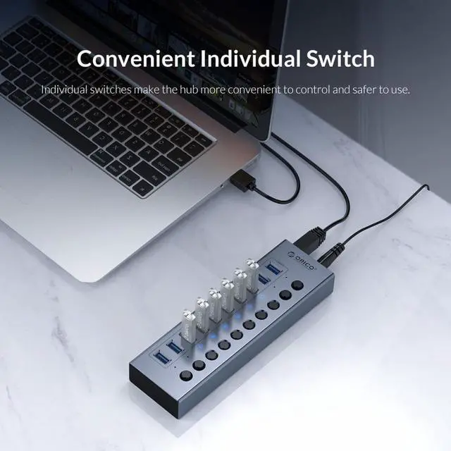 Alt view image 4 of 7 - Weastlinks Industrial USB 3.0 HUB 7/10 Port Aluminum USB Splitter On/Off Switch With 12V Power Adapter Support Charging for Computer