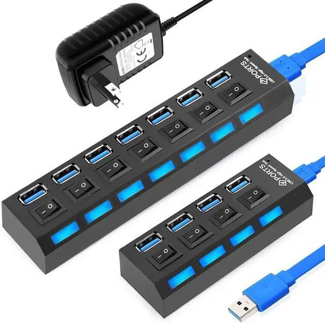 Alt view image 2 of 7 - Weastlinks USB 3.0 Hub 7 Port USB Hub 3.0 Multi USB Splitter 3 Hab Use Power Adapter 7 Ports Multiple Expander USB3.0 Hub with Switch for PC