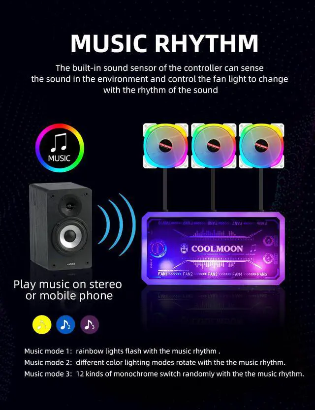 Alt view image 4 of 5 - Weastlinks 120mm PC Computer Case Fan RGB Cooler Heatsink 12cm Aura Sync Silent Cooling Fan 6PIN Rainbow Music ARGB Controller