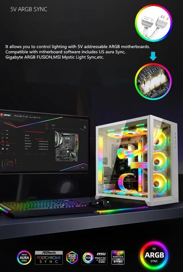 Alt view image 4 of 7 - Weastlinks Lamp Tape PC Backlight Flexible LED Strip Light 5V ARGB Aura Sync Multifunctional DIY for 24PIN Motherboard AL200