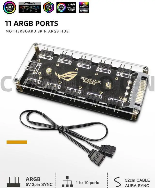Alt view image 6 of 7 - Weastlinks 5V 3pin 1 To 10 Fan Hub Splitter Motherboard ARGB SYNC Synchronous AURA Extension Cable SATA Power Supply