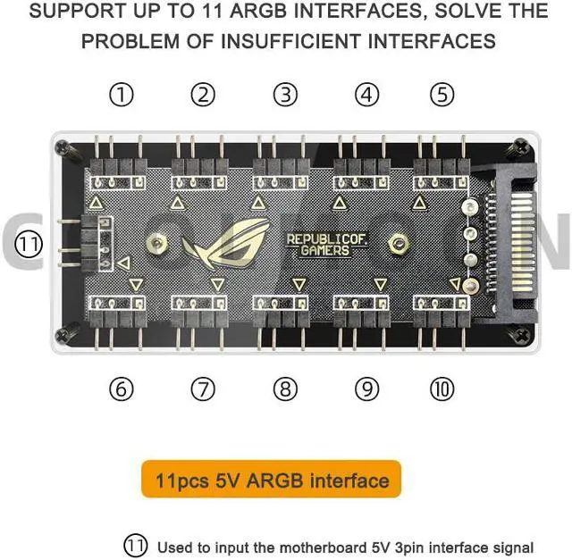 Alt view image 4 of 7 - Weastlinks 5V 3pin 1 To 10 Fan Hub Splitter Motherboard ARGB SYNC Synchronous AURA Extension Cable SATA Power Supply