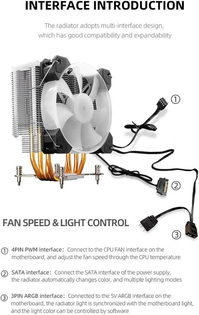 Alt view image 4 of 7 - Weastlinks 4 Copper Heat Pipe 5V 3Pin ARGB CPU Cooler Cooling Fan Radiator TDP 125W Heatsink for i7 i5 i3 AM4 LGA115X 1366