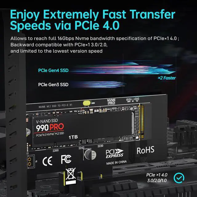 Alt view image 2 of 7 - Weastlinks M.2 NVME SSD to PCIe 4.0 x1 x4 Adapter Card, 2280 SSD PCIE X1 X 4 Expansion Card for Desktop PC, PCI-E GEN4 16Gbps Full Speed SK1 SK4