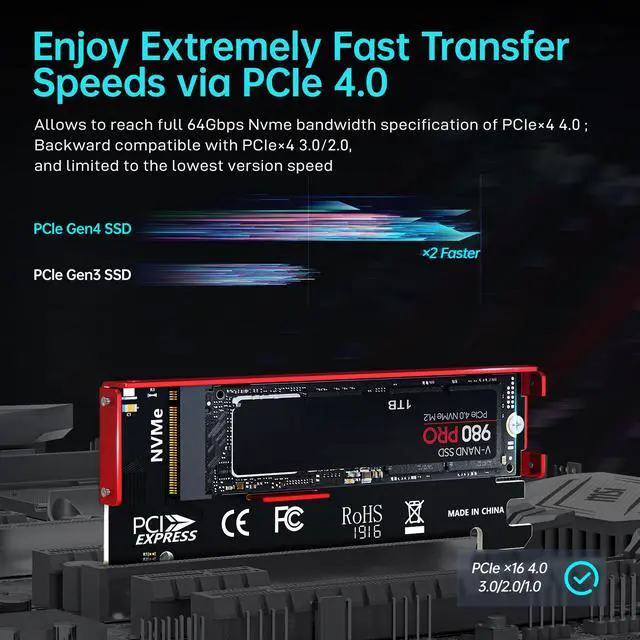 Alt view image 3 of 7 - Weastlinks M.2 NVME To PCIE 4.0 X16 Adapter, pcie x16 Gen4 Expansion Card with Aluminum Heatsink Case, For Samsung 980 PRO, 970 EVO