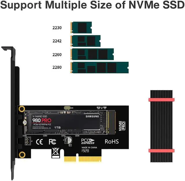 Alt view image 3 of 7 - Weastlinks M.2 PCIe to NVMe Adapter with Aluminum Heatsink, 64Gbps PCIe4.0 X4 Gen4 NVMe M.2 Expansion Card, 2230/2242/2260/2280 M-key