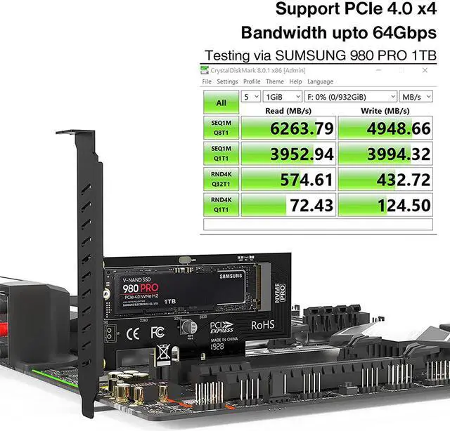 Alt view image 2 of 7 - Weastlinks M.2 PCIe to NVMe Adapter with Aluminum Heatsink, 64Gbps PCIe4.0 X4 Gen4 NVMe M.2 Expansion Card, 2230/2242/2260/2280 M-key