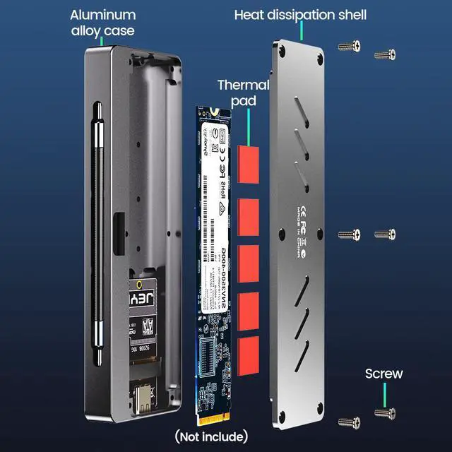 Alt view image 5 of 7 - Weastlinks 22110 M.2 NVME NGFF Enclosure, USB 3.2 Gen2 Type-C 10Gbps SSD Case Support M&B+M Keys 2230/42/2260/2280 With Flat Cable