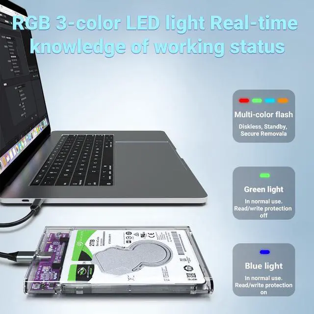 Alt view image 3 of 7 - Weastlinks 2.5" Hard Drive Enclosure Clearly Case USB 10Gbps to SATA III/II/I External Hard Disk Case for 9.5/7mm HDD SSD Support UASP