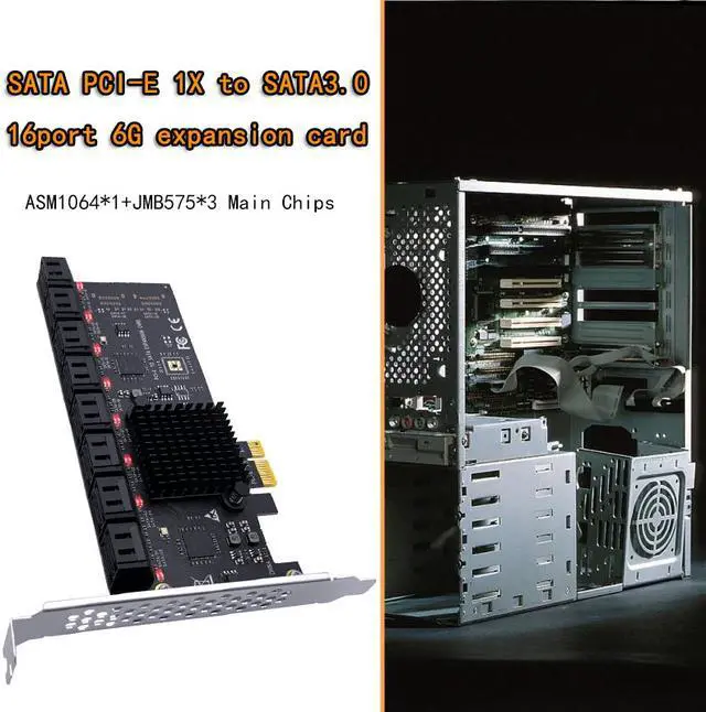 Alt view image 5 of 6 - Weastlinks Chi a Mining SATA PCIe Adapter 16 Port SATA III to PCI Express 3.0 X1 Controller Expansion Card ASM1064 JBM575 Chip Add On Cards