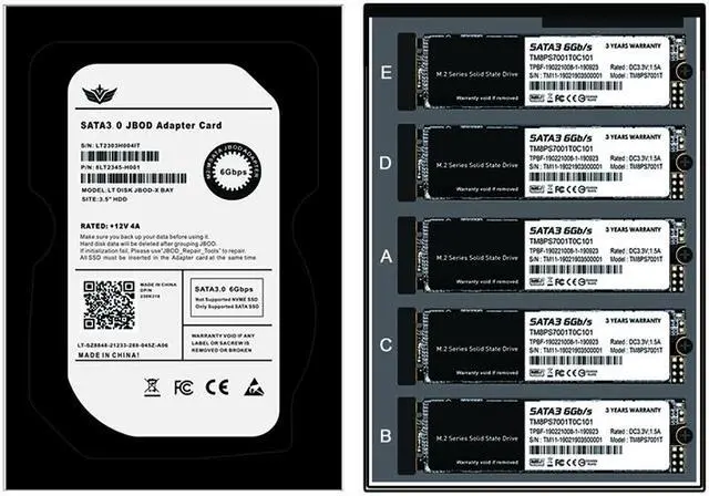 Alt view image 2 of 6 - Weastlinks Metal Case 4/5 Port B+M Key M.2 SATA SSD to 3.5" SATA3.0 6Gb JBOD Adapter Card With Enclosure Socket M2 NGFF to SATA Adapter Box