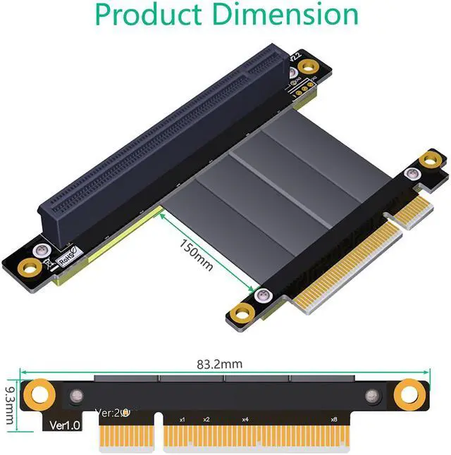Alt view image 3 of 6 - Weastlinks PCI Express PCIe 3.0 x8 to x16 Riser Card Extension Cable 8Gbps High Speed PCI Express 16x Ribbon Extender 90 Degree Right Angle