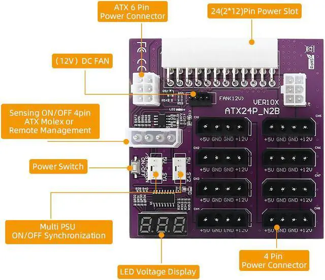 Alt view image 2 of 7 - Weastlinks Breakout Board 4Pin and 6Pin Power Connector LED Display 12V Power Module for CHIA Mining for GPU Graphics Card Miner Mining