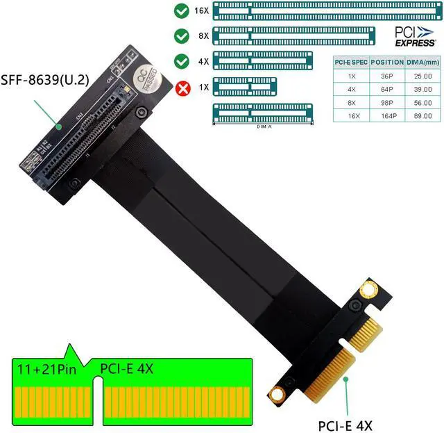 Alt view image 2 of 7 - Weastlinks PCIE Riser Cable SFF-8639 U.2 to PCI Express 3.0 X4 32Gbps Ribbon Extender Extension Cable SFF8639 U2 Connector for U.2 NVME SSD