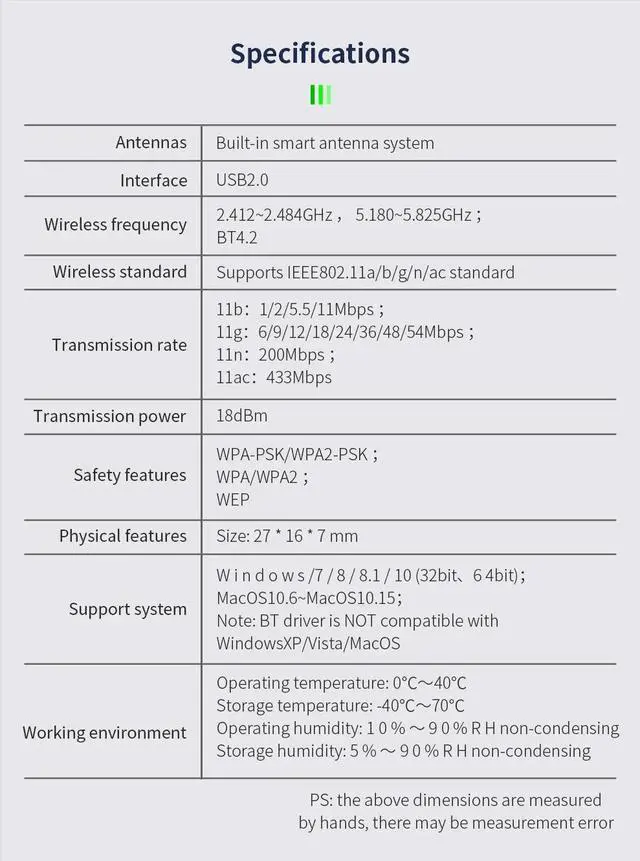 Alt view image 7 of 7 - Weastlinks BT+WiFi 650Mbps Dual Band 2.4G&5.8G WiFi Adapter BT 4.2 Dongle Wireless Network Card Support Windows XP/Vista/7/8/8.1/10 Mac OS