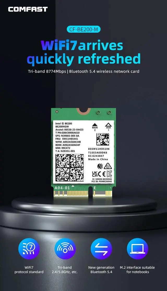 Alt view image 2 of 7 - Weastlinks WiFi 7 Intel BE200 Network Card Bluetooth 5.4 Tri Band 2.4G/5G/6GHz 8774Mbps BE200NGW M.2 Wireless Adapter Better than WiFi 6E