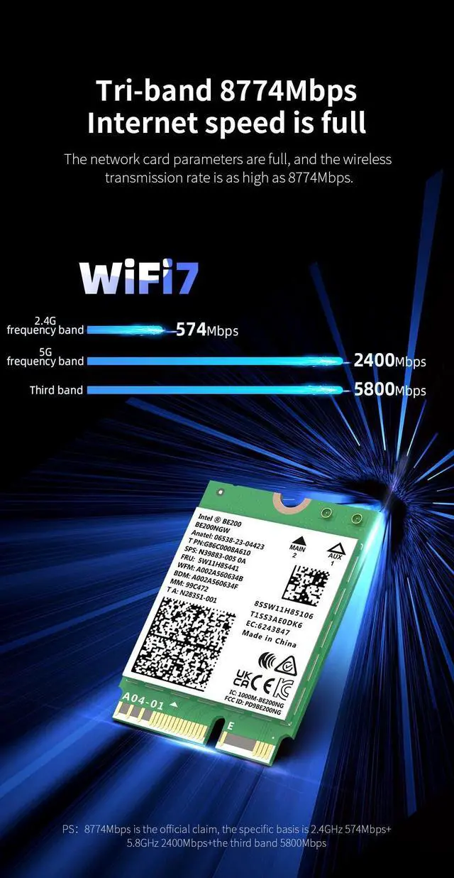 Alt view image 3 of 7 - Weastlinks WiFi 7 Intel BE200 Network Card Bluetooth 5.4 Tri Band 2.4G/5G/6GHz 8774Mbps BE200NGW M.2 Wireless Adapter Better than WiFi 6E