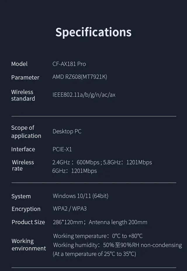 Alt view image 7 of 7 - Weastlinks WiFi6E 3000Mbps PCI-E Network Card 2.4G&5GHz&6GHz Tri Band WiFi Adapter 802.11AX AX181 For Desktop PC Win10/Win11 64bit