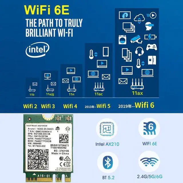 Alt view image 3 of 7 - Weastlinks Intel AX210 AX210NGW Killer 1675x AX1675x Wi-Fi 6E 802.11AX Dual Band 2.4G 5G 6G 5374mbps Bluetooth 5.2 M.2 NGFF wifi card