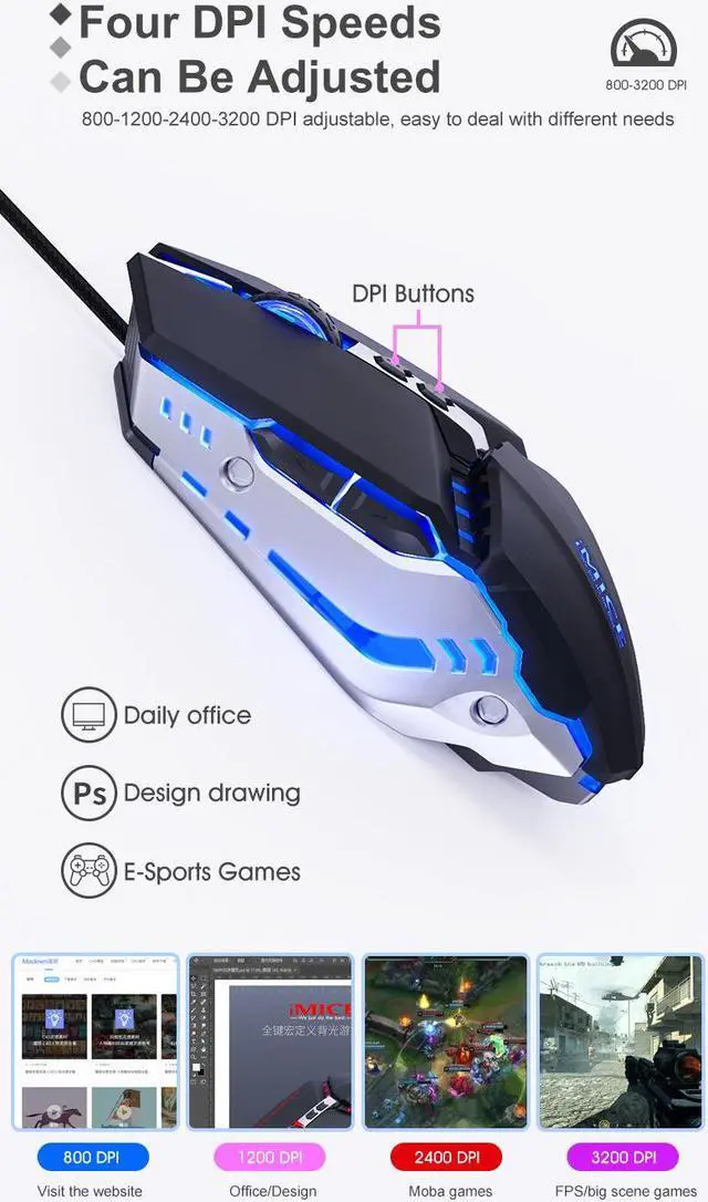 Alt view image 2 of 7 - Weastlinks Gaming Mouse Computer Mouse 7D Customizable Gaming Mouse 3200DPI Optical USB Gaming Mouse Silver
