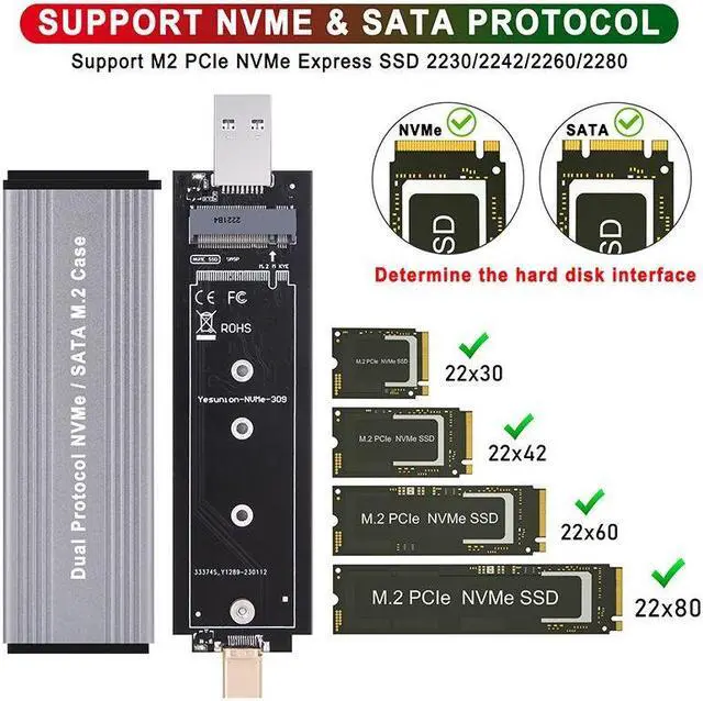 Alt view image 4 of 7 - Weastlinks Dual Protocol M2 SSD Case USB3.0/Type-C to M.2 NVME SATA SSD Enclosure Adapter 10Gb USB3.1 Gen2 USB C External SSD Box