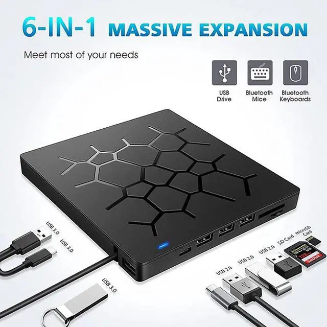 Alt view image 2 of 6 - Weastlinks External CD/DVD Drive USB 3.0 Type-C 6 in 1 DVD Drive PlayerOptical Drive With SD/TF & USB3.0 Slots Optical Drives For PC Laptop