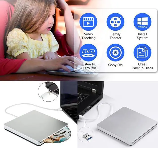 Alt view image 5 of 7 - Weastlinks External DVD Drive USB/Type-C Optical Drive Slim Slot-in CD Combo DVD+/-RW Burner Player USB C Superdrive for Laptop USB3.0 style-A