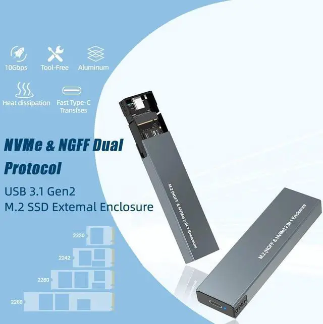 Alt view image 3 of 7 - Weastlinks M.2 NVMe SATA SSD Enclosure Dual Portocol NVMe to USB Adapter 10Gbps USB 3.1 Gen2 USB C External Case Box Support M and B&M Key