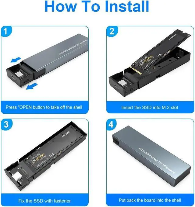 Alt view image 6 of 7 - Weastlinks M.2 NVMe SATA SSD Enclosure Dual Portocol NVMe to USB Adapter 10Gbps USB 3.1 Gen2 USB C External Case Box Support M and B&M Key