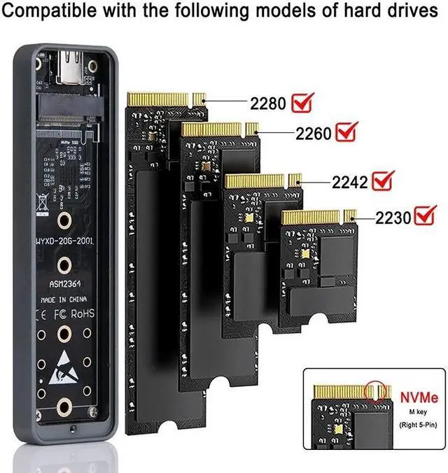 Alt view image 2 of 7 - Weastlinks 20Gbps M.2 NVME Enclosure USB 3.2 GEN 2X2 Type C NVME SSD Enclosure for 2230/2242/2260/2280 NVME SSD M/B+M Key External Case Box
