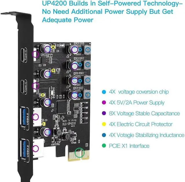 Alt view image 5 of 7 - Weastlinks Type C USB 3.2 Gen1 PCIE Card Hub USB 3.0 PCI Express Board 2*USB A Port+2*Type-C Port/USB3.2 GEN1 PCI-E Expansion Card Adapter