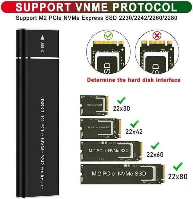 Alt view image 3 of 7 - Weastlinks M.2 NVMe SSD Enclosure Adapter Aluminum Case USB C 3.1 Gen2 10Gbps to NVMe PCIe External Box for 2230/2242/2260/2280 M2 NVMe SSD