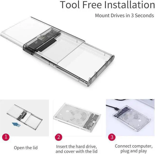 Alt view image 2 of 7 - Weastlinks 2.5'' Hard Drive Enclosure Transparent Mobile HDD Box USB3.1 SSD Case Portable Hard Disk 5Gbps USB A to USB C SATA Case for PC White