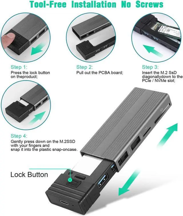 Alt view image 6 of 7 - Weastlinks USB C Hub M.2 NVMe SSD Case,Dual Protocool NVMe Enclosure SD TF Card Reader USB2.0 HUB Dock USB Splitter