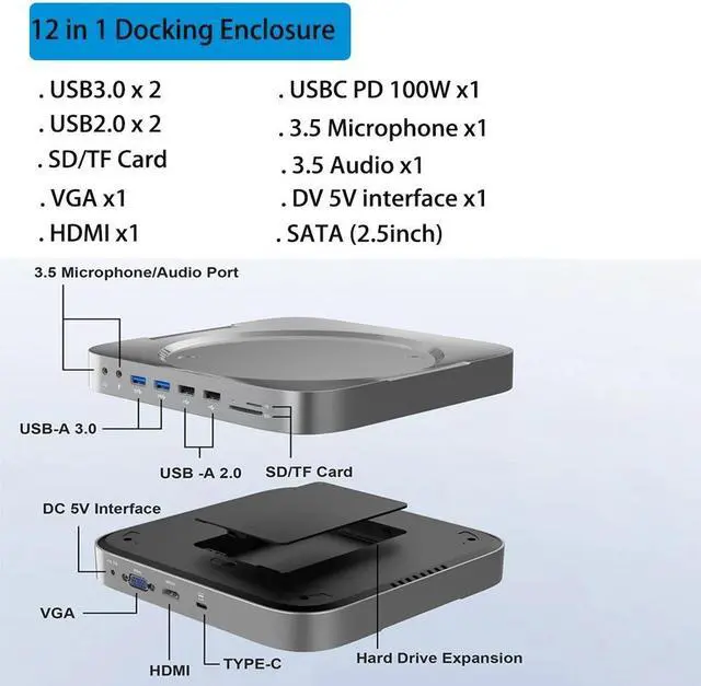 Alt view image 2 of 7 - Weastlinks USB C Hub Docking Hard Drive Enclosure 2.5 SATA SSD HDD Case USB VGA HDMI-compatible Docking Station Card Reader