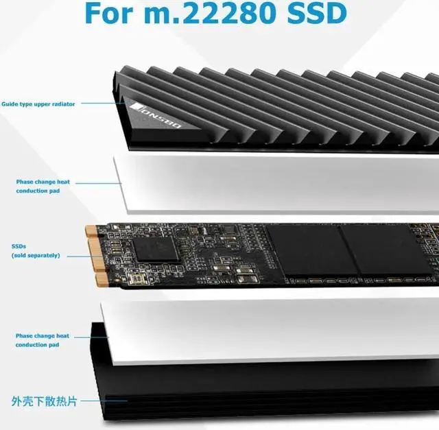 Alt view image 3 of 7 - Weastlinks M2-3 M.2 SSD HeatSink M.2 2280 NVMe Heat Disk Radiator Aluminum Heat Sink DissipationThermal Pad Black
