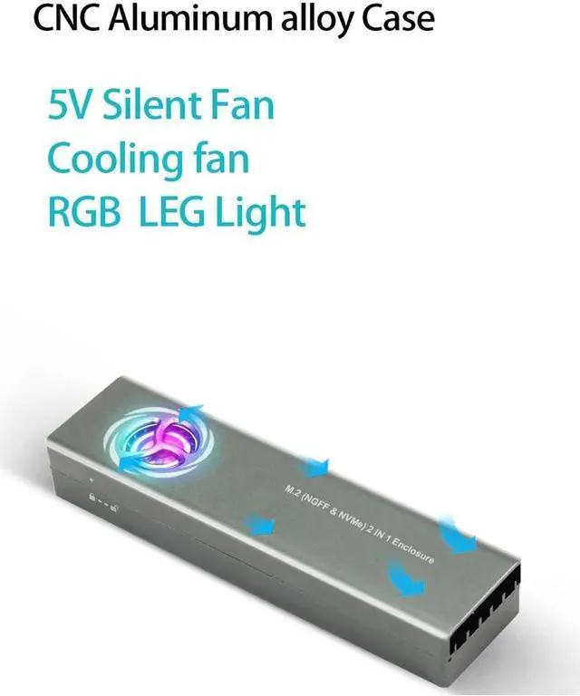 Alt view image 3 of 7 - Weastlinks Dual Protocol M.2 SSD NVMe SATA Case Support M2 NVMe NGFF Sata SSD Hard Drive with Fan For PCIe M Key/B+M Key USB C 10Gbps Box Silver