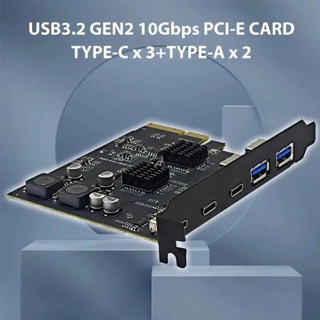 Alt view image 3 of 7 - Weastlinks 10Gbps PCIE4X to 5 USB Expansion Card PCI Express X4 to 3 Port Type C + 2 Port USB A USB3.2 Gen2 Adapter ASM3142 VL822 Chip