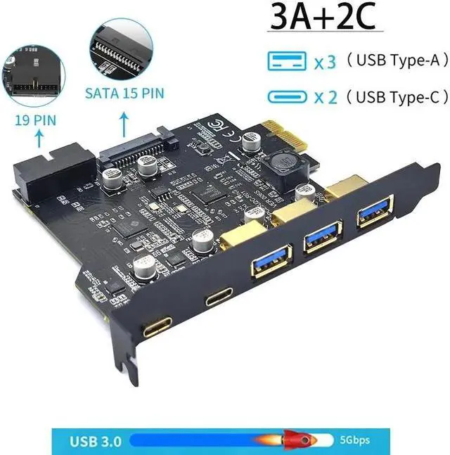 Main image of Weastlinks PCI-E 1X To 5 ports USB Card 2 Type-c 3ports usb3.0 Expansion Adapter Board PCI Controller Add On Cards with PCIE 1/4/8/16X card