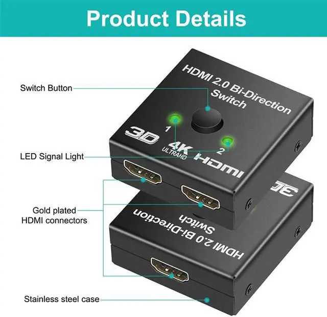 Alt view image 5 of 5 - Weastlinks Bi-Direction Switch 8K 60Hz HDMI Splitter 1x2 HDMI Switch 1 in 2 out Video Distributor Splitter HD 1080P Dual Display for Laptop