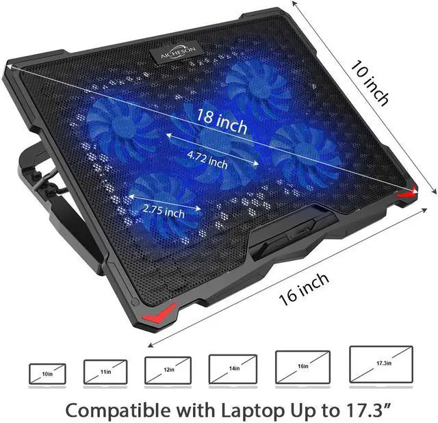 Alt view image 7 of 7 - AICHESON Laptop Cooling Pad 5 Fans Up to 17.3 Inch Heavy Notebook Cooler, LED Lights, 2 USB Ports, S035