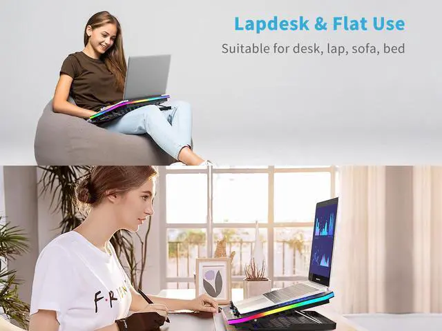 Alt view image 6 of 7 - Vencci Laptop Cooler Pad RGB Lights with 6 Blue Lights Cooling Fans for 15.6-17.3 Inch Laptops, 7 Height Stands, 10 Modes, 2 USB Ports in Right Side, Desk or Lap Use