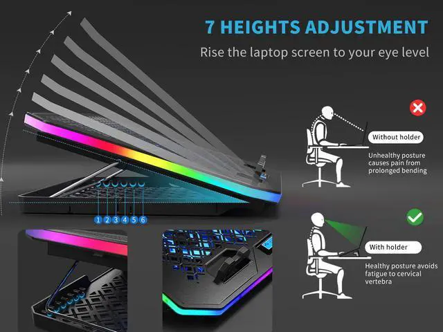 Alt view image 4 of 7 - Vencci Laptop Cooler Pad RGB Lights with 6 Blue Lights Cooling Fans for 15.6-17.3 Inch Laptops, 7 Height Stands, 10 Modes, 2 USB Ports in Right Side, Desk or Lap Use