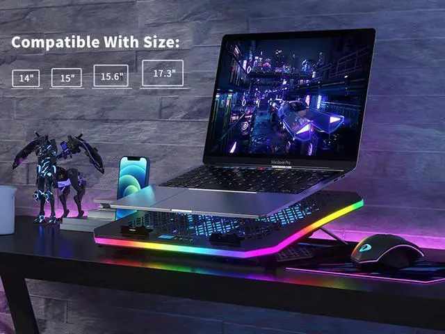Alt view image 7 of 7 - Vencci Laptop Cooler Pad RGB Lights with 6 Blue Lights Cooling Fans for 15.6-17.3 Inch Laptops, 7 Height Stands, 10 Modes, 2 USB Ports in Right Side, Desk or Lap Use