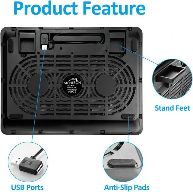 Alt view image 5 of 6 - AICHESON Laptop Cooling Pad 2 1000RPM Fans Portable Computer Cooler, Blue LEDs, S007