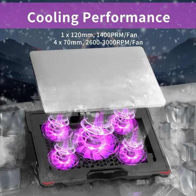 Alt view image 2 of 7 - AICHESON Laptop Fan Cooling Pad for 15.6"-17.3" Laptops, 5 Cooler Fans with Purple Lights