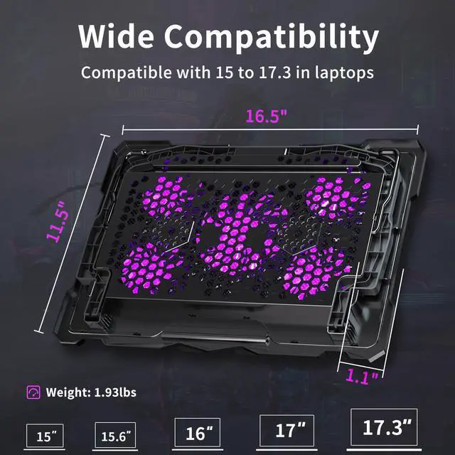 Alt view image 7 of 7 - AICHESON Laptop Fan Cooling Pad for 15.6"-17.3" Laptops, 5 Cooler Fans with Purple Lights