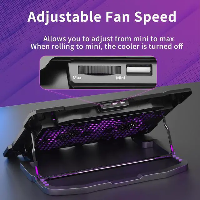 Alt view image 6 of 7 - AICHESON Laptop Fan Cooling Pad for 15.6"-17.3" Laptops, 5 Cooler Fans with Purple Lights