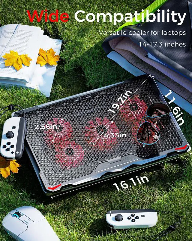 Alt view image 6 of 7 - AICHESON Laptop Fan Cooling Pad for 15.6"-17.3" Laptops, 5 Cooler Fans with Red Lights